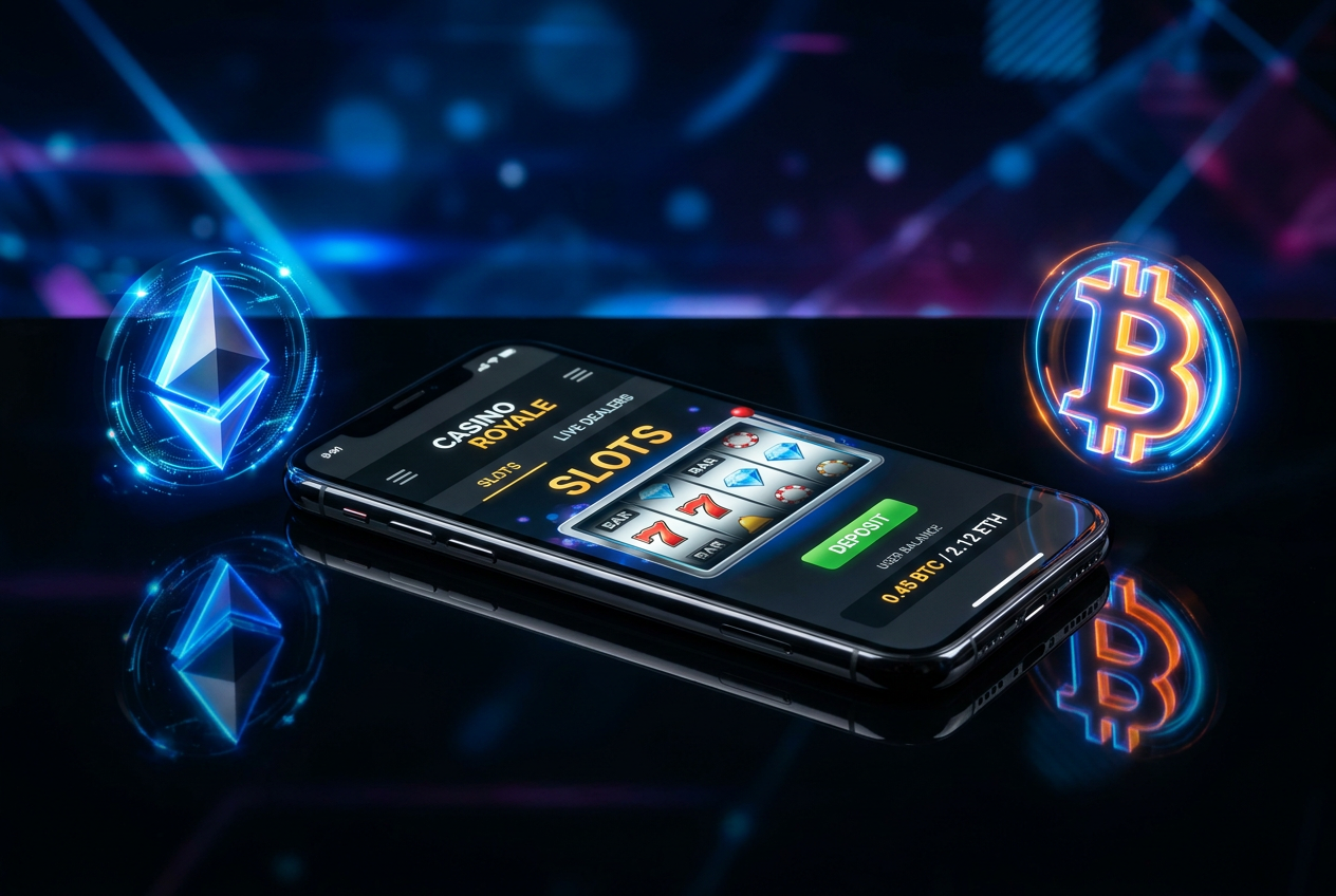 A high-tech smartphone displaying a casino interface with crypto icons.